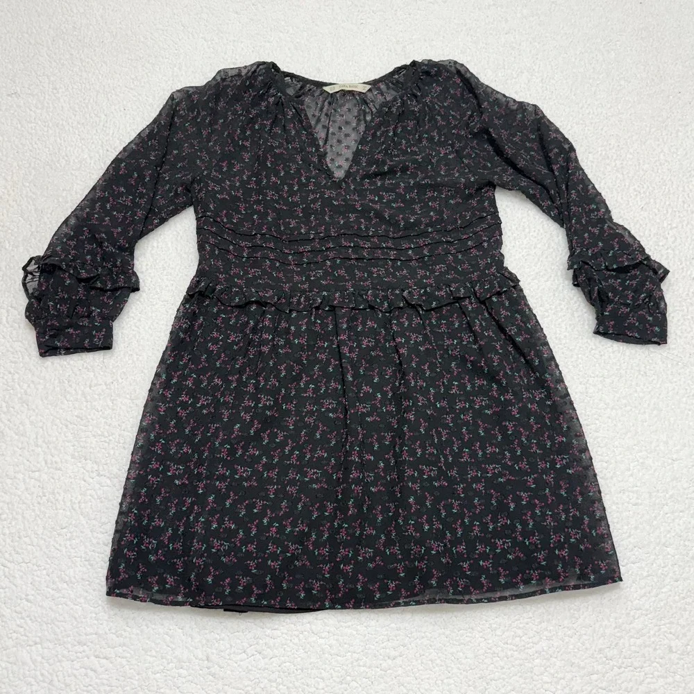 Zara Basic Black Floral Chiffon Mini Dress XS Sheer Long Sleeve Ruffle Trim